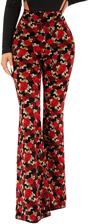 Romwe Women's Bootcut High Waisted Yoga Pants Sunflower Print Wide Leg Pants Trousers