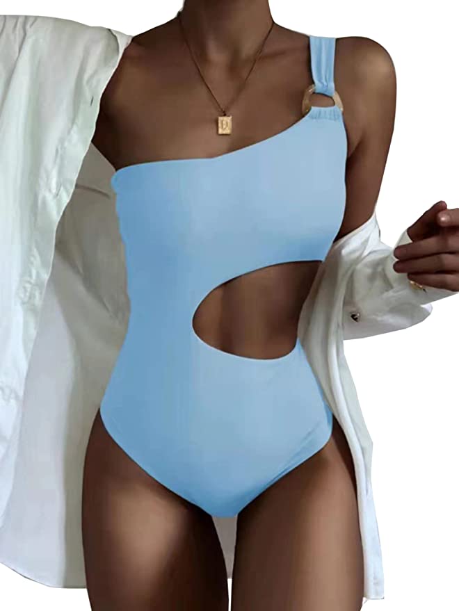 Hilinker Women's One Piece Swimsuit One Shoulder Cut Out Swimwear Monokini Tummy Control