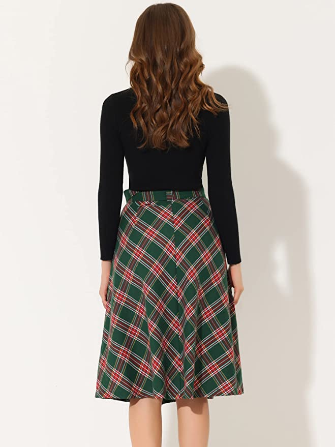 Allegra K Plaid Skirts for Women's Vintage High Waist Belted A-Line Midi Skirt
