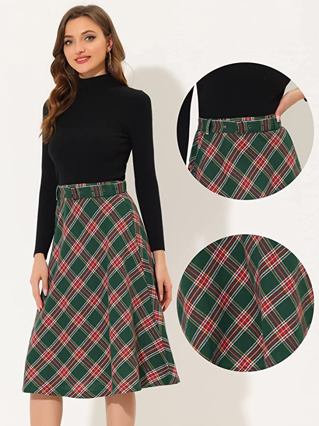 Allegra K Plaid Skirts for Women's Vintage High Waist Belted A-Line Midi Skirt