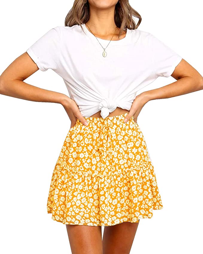Arjungo Women's Floral Print High Waist with Drawstring Ruffle Flared Boho A Line Skater Mini Skirt