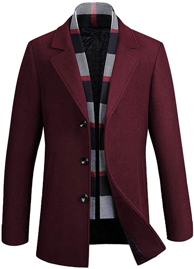 INVACHI Men's Regular Fit Wool Blend Pea Coat Warm Winter Trench Coats Business Jacket with Detachable Soft Touch Wool Scarf