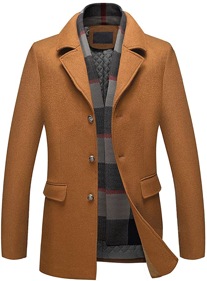 INVACHI Men's Regular Fit Wool Blend Pea Coat Warm Winter Trench Coats Business Jacket with Detachable Soft Touch Wool Scarf