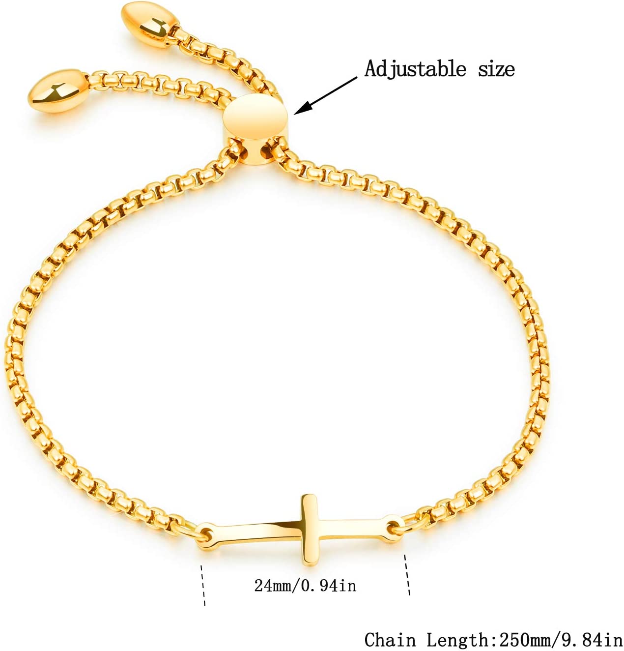 Cocazyw 14K Gold Plated Rose Gold Silver Cross Adjustable Sideways Bracelet for Women Girls,Gold Cross Bracelet Stainless Steel for 