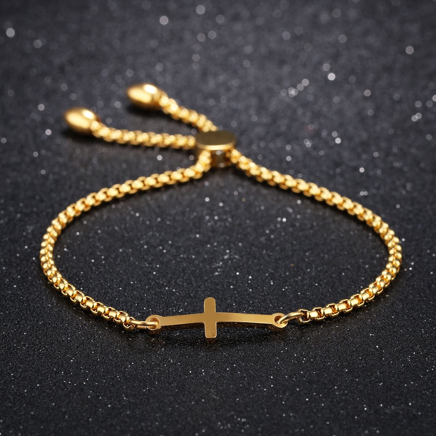 Cocazyw 14K Gold Plated Rose Gold Silver Cross Adjustable Sideways Bracelet for Women Girls,Gold Cross Bracelet Stainless Steel for 