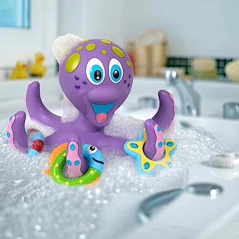 Nuby  Floating Purple Octopus with 3 Hoopla Rings Interactive Bath Toy